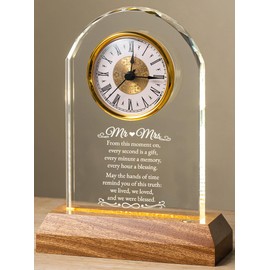 MakerTick Wedding Gifts for Couples 2026 - Mr & Mrs Glass Clock with LED Wooden Base, Bridal Shower Gift for Newlyweds, Anniversary Engagement Keepsake, Bride and Groom Marriage Decor