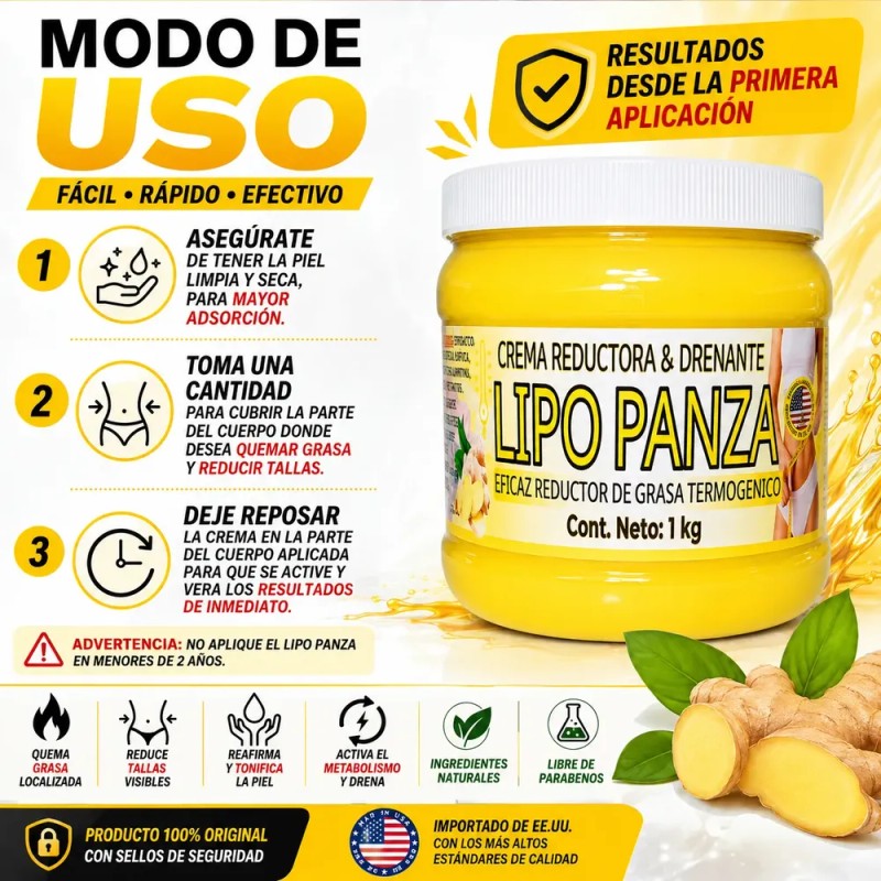 Crema Reductora Temogénico Lipo Panza 1 Kg Jengibre Relingo