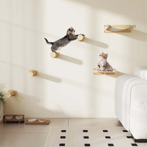 MeowHomm Cat Wall Shelves, Wooden Cat Wall Furniture Includes 4
