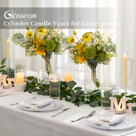 Glasseam Ribbed Glass Candle Holder, Cylinder Candle Holders for Pillar Candles, Clear Hurricane Candle Holder Set of 6, Decorative Floating Candle Vases for Centerpieces Wedding Table Decorations
