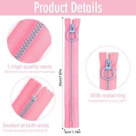 Pack of 20 Zip 20 cm, 10 Colours Resin Zip, 3.2 cm Wide Zips with Metal Ring, Zip for Sewing, Clothing, Bag, Crafts