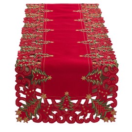 Fennco Styles Pandoro Collection Holiday Embroidered Christmas Tree Cutwork Border 16 x 54 Inch Table Runner – Red Table Runner for Christmas Dinner, Family Gathering, Special Events and Home Décor