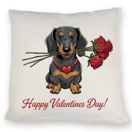 speecheese Dachshund with Rose Bouquet Happy Valentines Day Cushion Perfect for Dachshund Lovers - Valentine's Day Cushion with Heart and Saying
