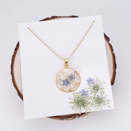 Vergissmeinnicht und Queen Anne's Lace Gepresste Wildblume Halskette | Gold gepresste Blume Halskette | Personalisierte handgefertigte Halsketten | Echte Blume Halskette | Abschiedsgeschenk | 45cm