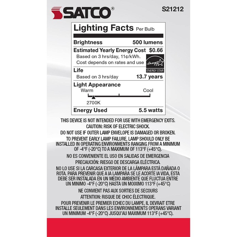 Satco 5.5-Watt LED E12 Light Bulb, 2700K, 15000 Hour Rating,