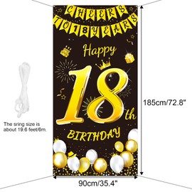 DPKOW Black Gold 18th Birthday Decoration for Boy Girl, Black Gold 18th Birthday Banner for Backdrop Door Decoration, Fabric 18th Birthday Background Banner for Garden Table Wall Decoration, 185x90cm