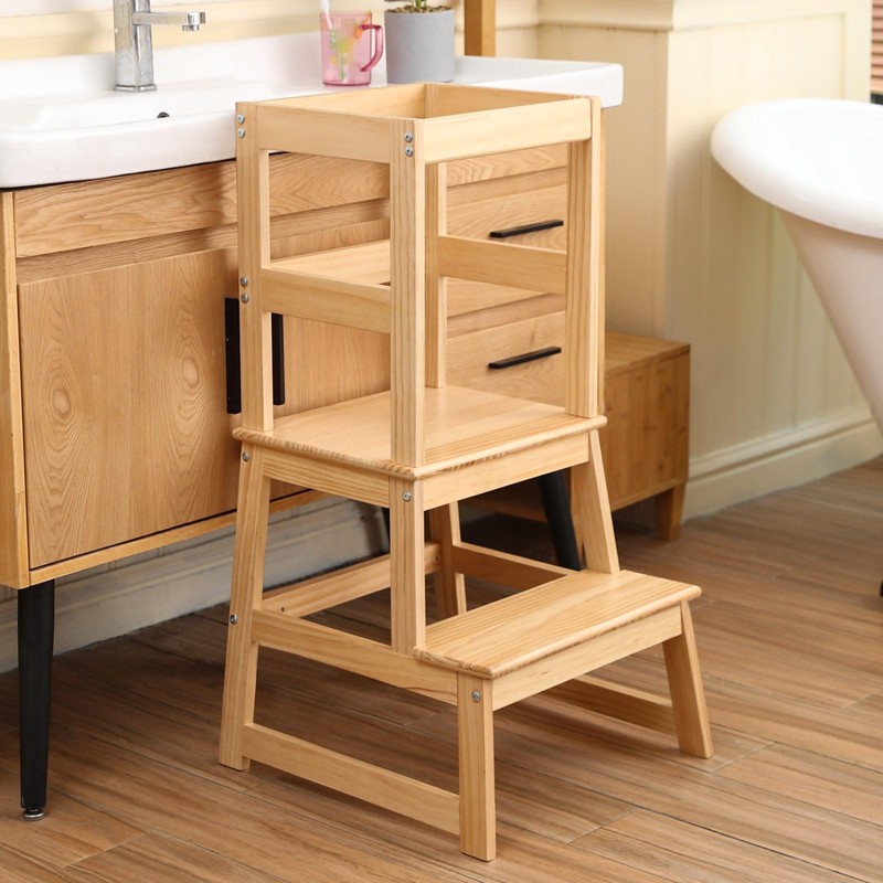 Kitchen Step Stool for Kids with Safety Rail,Solid Wood Construction