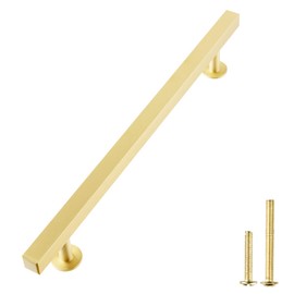 QOGRISUN 2-Pack Solid Brass Cabinet Handles, Gold Square T Bar Cabinet Pulls,15-1/8 Inch Hole Center for Kitchen Dresser Drawer Cupboard, Brushed Brass Finish