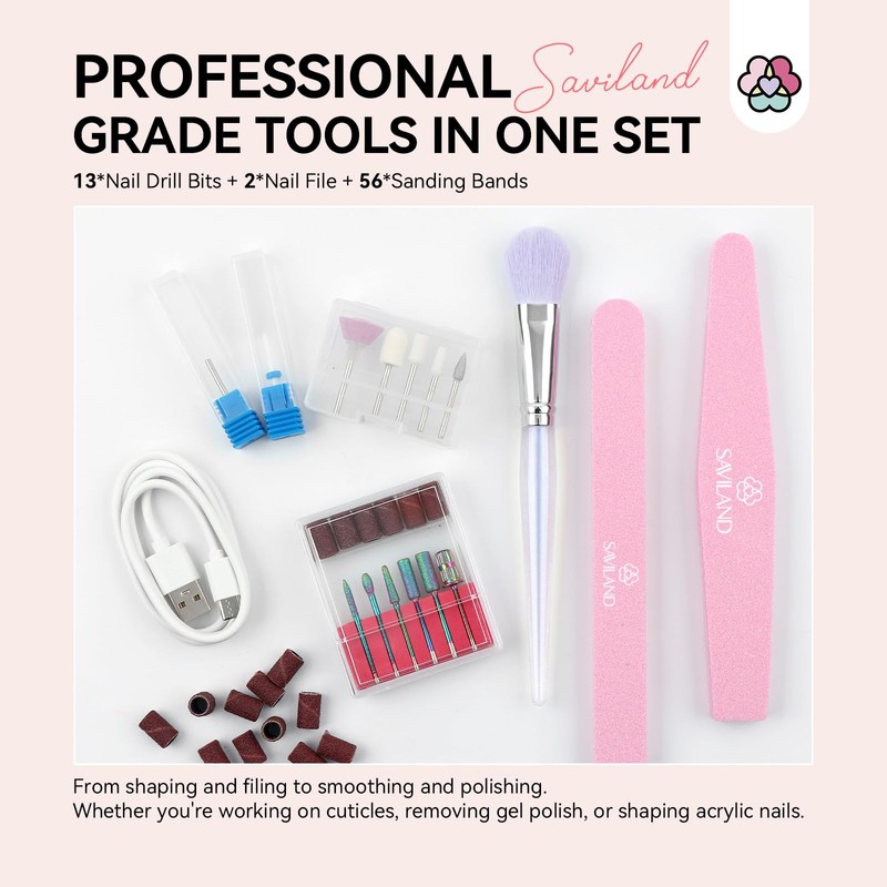 SAVILAND Electric Nail Drill Professional: 40000RPM Pink Rechargeable Electric Nail