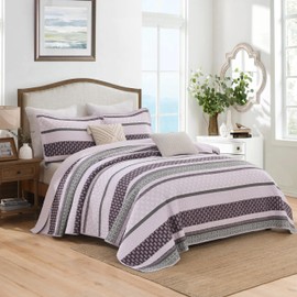 Homzard Quilts Queen Size, Cotton Comforter Set, Purple and Grey Queen Bed Set,Lightweight Striped Bedding, Farmhouse Bedspread All Season 3 Pieces