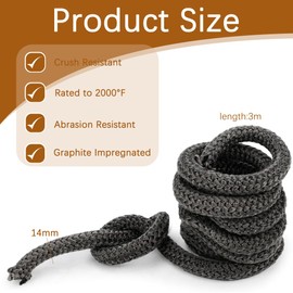 Sealing Tape for Fireplace, Sealing Fibreglass Cord, Fireproof Fibreglass Cord, Door Seal, Sealing Cord with End Binder, for Grill Pipe Insulation, Inspection Flaps, Sealing, Black, 14 mm x 3 m