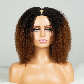 Real Hair Wig Ombre Brown V Part Wig Human Hair Wig 180% Density Kinky Curly Human Hair Wigs Afro Curly Wigs U Part Human Hair 1B/30 Blonde Colour Wigs for Women Brazilian Wigs 16 Inches