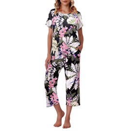 Ekouaer Women's Capri Pajama Sets Floral Print Short Sleeve Sleepwear Top and Capri Pants 2 Piece Loungewear with Pockets Pink Little Flowers L