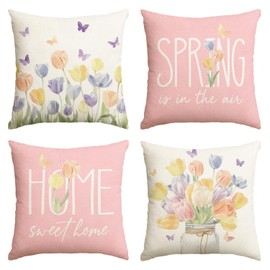 Spring is in The Air Tulip Vase Throw Pillow Covers, 18 x 18 Inch Home Sweet Home Butterfly Pink Cushion Case Decoration for Sofa Couch Set of 4