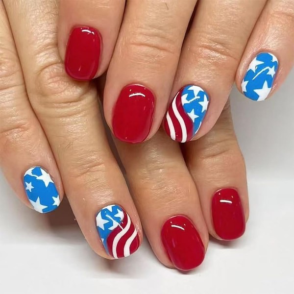 Independence Day Press on Nails Short Square Fake Nails with