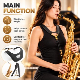 Adjustable Saxophone Shoulder Harness, Breathable Leather Contoured Sax Strap for Comfortable Neck Support, Music Practice & Performances