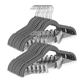 HOUSE DAY Velvet Skirt Hangers 36 Pack, Gray Velvet Hangers with Adjustable Clips, Space Saving Slim Velvet Pant Hangers, Heavy Duty Shorts Hangers, Non Slip Clip Hangers for Pants, Skirts, Shorts