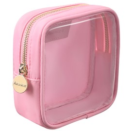 Aveniee Small Clear Makeup Bag, Mini Makeup Bag for Purse Organizer, Cosmetic Bag Travel Zipper Pouch for Women, Cute Car Accessories for Skincare Lipstick Essentials-Pink