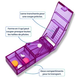 MEDIPILL - Tablet Cup | Precise Cutting of Small and Large Medicines | 2 Storage Compartments | BPA Free Plastic | French (One Piece) | Purple