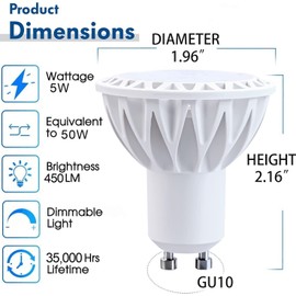 GOHDLAMP GU10 - foco LED regulable, equivalente a 50 W, luz blanca diurna de 5000 K, 5 W, 450 lm, MR16 (base GU10), bombillas estándar de repuesto para iluminación empotrada
