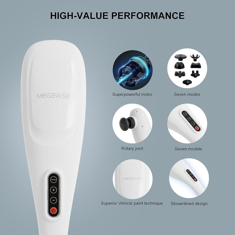 MEGAWISE Cordless Handheld Back Massager w/Rechargeable 3200mAh Battery, 5 Speed