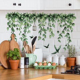 2 Sheets Green Plants Leaves Wall Decals Removable Green Hanging Vines with Birds Wall Stickers Peel and Stick Vinyl Leaf Wall Decor for Bedroom Living Room Bathroom Classroom Decorations