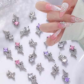 20Pcs Silver Star Nail Charms, 4th of July Nail Art Charms with Pink Purple Rhinestones Shiny 3D Stars Nail Gems for Nail Art Independence Day Nail Supplies Y2K Star Charms for Nails DIY Crafts Decor