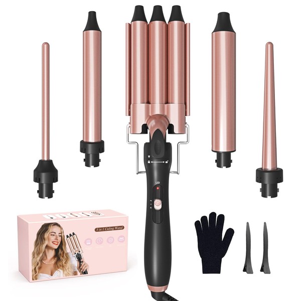5 in 1 Curling Wand Hair Wand 3 Barrel Curling Iron with Hair Crimper and Interchangeable Ceramic Wand Curler(0.35"-1.25”), Fast Heat-up, Crimper Hair Tool for All Hair Types, Dual Voltage Hair Curler