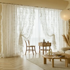 NewWPKIRA Retro French Princess Style Floral Embroidery Sheer Lace Curtain with Ruffle for Bedroom Living Room Rod Pocket Top 2 Panels (White,W52 x L84 inch - 2 Panels)