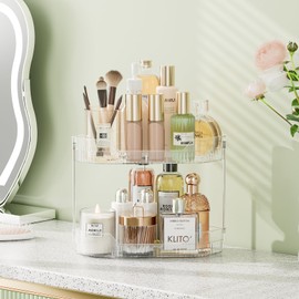 TidyStash 2-Tier Corner Bathroom Counter Organizer, Diamond-Shaped Corner Makeup Organizer Countertop, Easy to Install, Suitable for Bathroom, Dresser, Storage for Cosmetics, Skincare, Perfume, Clear