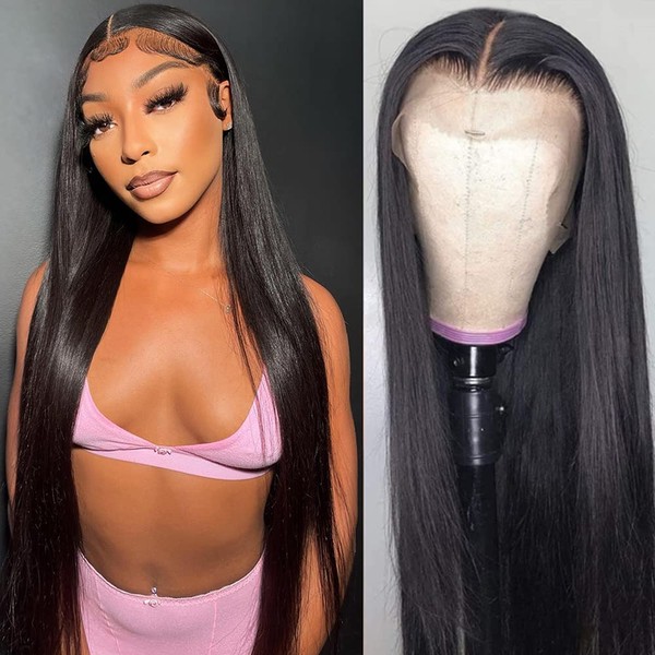 Straight Human Hair Wig 13 x 4 Lace Front Wigs Natural Wavy Wave Real Hair Wig for Women Black Wigs 100% Brazilian Real Hair Wigs with Baby Hair 150% Density 16 Inches
