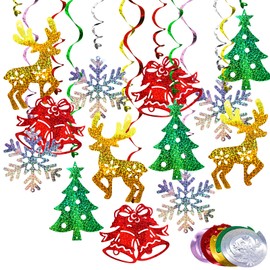 Christmas Decorations Hanging Swirl 30 Packs Xmas Decorations Merry Christmas Elk Sliver Snowflake Green Christmas Tree Golden Jungle Bell Glitter Foil Ceiling Hanging String Garland.