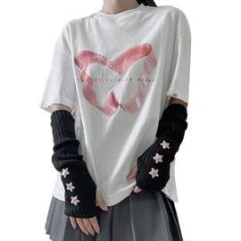 Ralcosuss Cute Star Women’s Winter Knitted Arm Warmer Y2K Fingerless Gloves Mittens Arm Sleeve, Black+pink Star, One Size