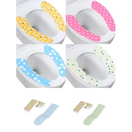 4 Pair Toilet Seat Cover Pads, Toilet Seat Warmer Covers with Cute Patterns for Bathroom, Washable and Reusable Cushion, Plus 2 PCS Toilet lid Lifter Toilet Seat Lifter