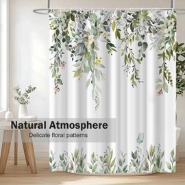 CTOTSYC Eucalyptus Shower Curtains for Bathroom, Sage Green Watercolor Leaves with Floral Shower Curtain Sets with Hooks, Waterproof Fabric Botanical Bathroom Decor, 72x84 Inches