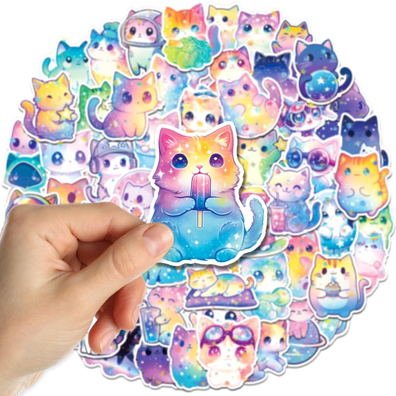 SigyoJeom 200PCS Starry Sky Cat Stickers, Holographic Stickers for Kids