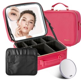 Mocado Travel Makeup Bag with LED Lighted Mirror,Travel Makeup Organizer,Makeup Case with 3 Color Lighted Setting and 10x Magnifying Mirror,Portable Storage and Adjustable Dividers Makeup Box(Red)