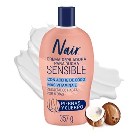 Nair Crema Depiladora para Ducha Piel Sensible 357 g. Marca Probada por Dermatólogos con Aceite de Coco, Piel Suave y Tersa hasta por 6 Días