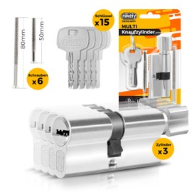 GERCAR GERCAR 3x Knaufzylinder gleichschlie?end 3 Schlie?zylinder 40/40 inkl. 15 Schlssel - 80 mm - Trschloss Zylinderschloss mit N+G Funktion gleichschliessendes 3er Set - L?nge: 80mm A:40 B:40
