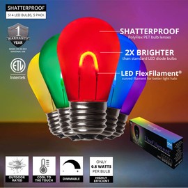 Wintergreen Lighting FlexFilament S14 LED Edison Light Bulbs Bistro Lights, Backyard Lights Patio String Lights LED Outdoor String Lights, S14 Bulbs (Shatterproof Polyflex PET, Multicolor)