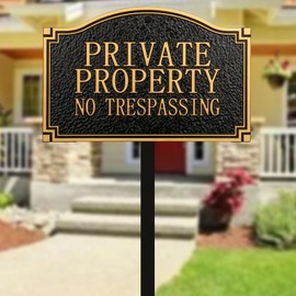 Morgtta Private Property No Trespassing Sign - Solid Metal Cast, Embossed Statement Plaque,11.5"×7.5" with 31.5" Stakes, Classic Design for House, Home, Garden and Yards, Upgraded Stainless Screws