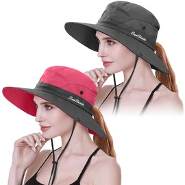 IYEBRAO Pack of 2 Ponytail Sun Hat Women's UV Protection Wide Brim Summer Hat with Neck Cord Sun Protection Hat Beach Hat Fishing Hat Fishing Hat Garden Hat Outdoor Hat, Light Red+Grey, 2 Pieces