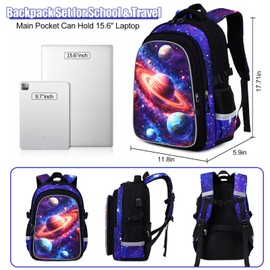 Jafeton Kids Backpack for Boys,3D Reflective Gaming School Backpack with Sling Bag, Insulated Lunch Bag, Boys Backpack for Elementary Middle School Students, Gamer Bookbag for Kids Ages 3-12 (Planet)