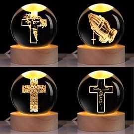 Kittmip 4 Pack Christian Religious Gift for Women Men Bulk 3D Crystal Cross Ball Standing Night Lights Laser Engraved Bible Verse Lamps with Wooden Base Praying Gifts Christian Church Decor