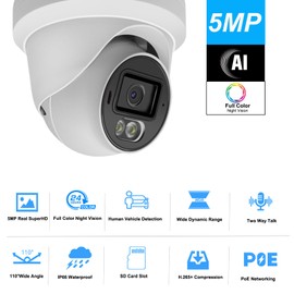 5MP Full Color Security IP Camera, 3K PoE IP Dome Security Camera with Smart Dual Light, Two Way Talk, 98ft Night Vision, 110°Wide Angle, IP66 Waterproof, Full Metal Housing, Human/Vehicle Detection