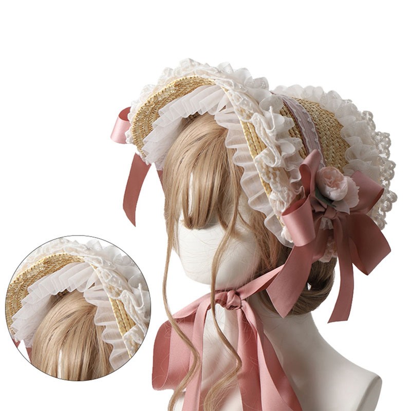 Tea Party Sun Hat Straw Plaited Lace Ribbon Tie Flowers