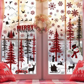 AnyDesign 9 Sheet Christmas Window Clings Plaid Xmas Tree Forest Window Sticker Snowman Winter Static Window Stickers Decor for Home School Xmas Party Supplies, 7.8 x 11.8 Inch
