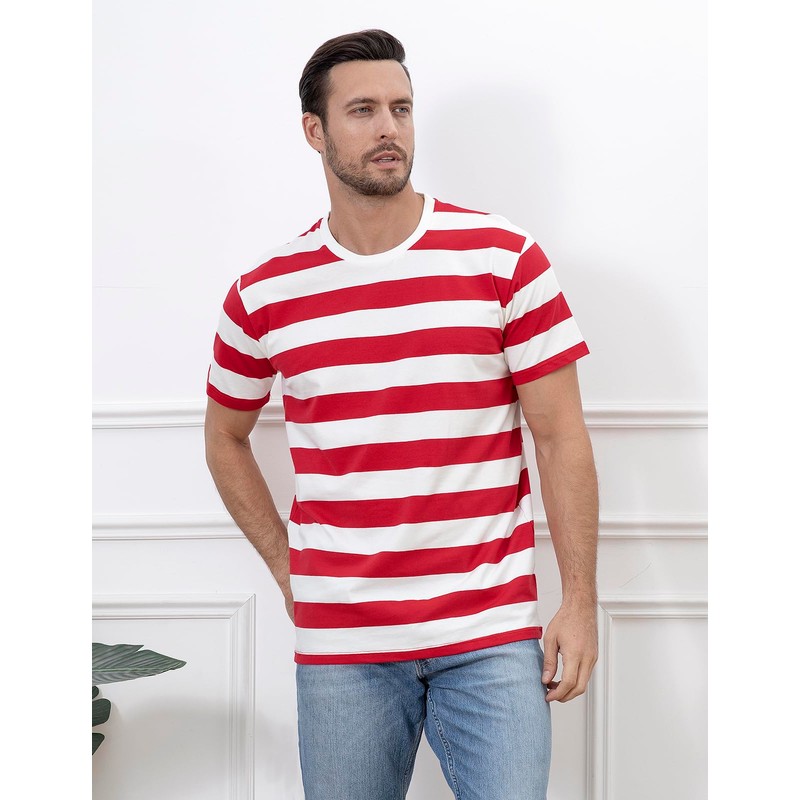 COSAVOROCK Men's Wide Striped Cotton Short Sleeve T-Shirts Crew Neck