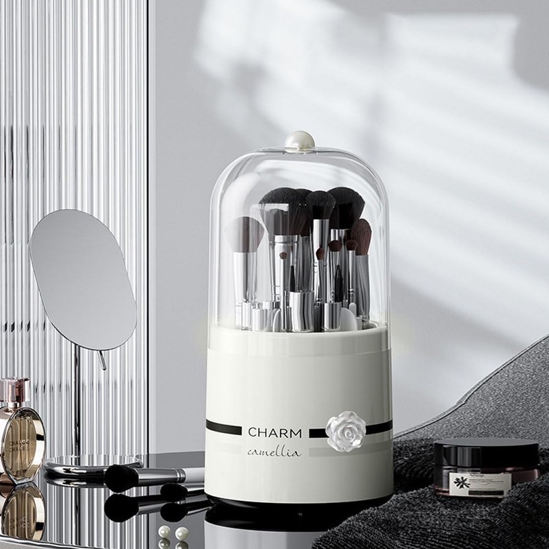 Hosoncovy Clear Makeup Brushes Holder Rotating Organiser with Lid Dustproof