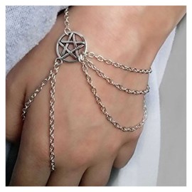 Inilbran Boho Layered Tassel Bracelet Silver Star Finger Ring Bracelet Ring Link Wrist Bracelet Circle Slave Bracelet Jewelry for Women and Girls